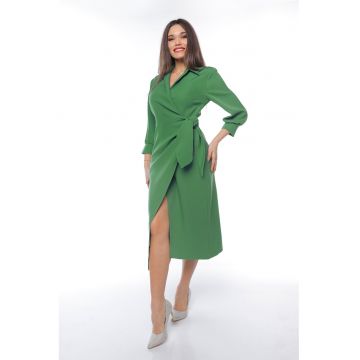Rochie midi cu croiala petrecuta si slit frontal
