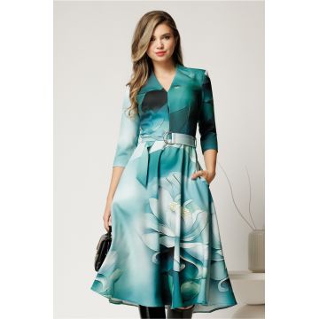 Rochie midi de zi cu imprimeu in nuante de turcoaz