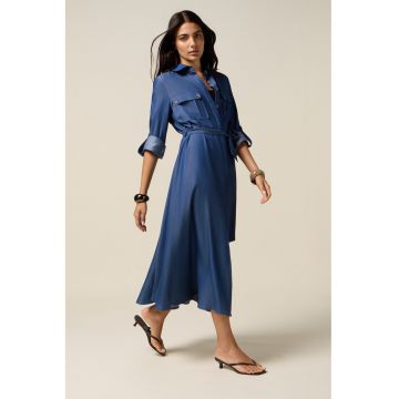 Rochie midi din denim cu cordon in talie