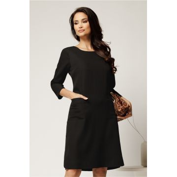 Rochie midi din stofa neagra cu buzunare si nasturi decorativi