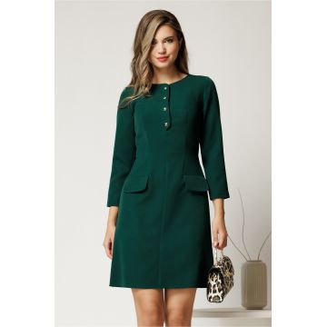 Rochie midi din stofa verde cu nasturi la decolteu