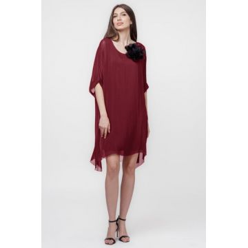 Rochie midi, dreapta, din matase si vascoza, cu funda pe spate, bordo