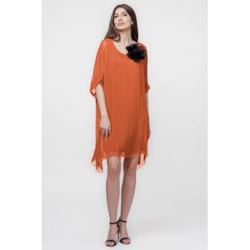Rochie midi, dreapta, din matase si vascoza, cu funda pe spate, caramizie