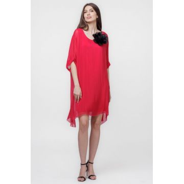Rochie midi, dreapta, din matase si vascoza, cu funda pe spate, fucsia intens