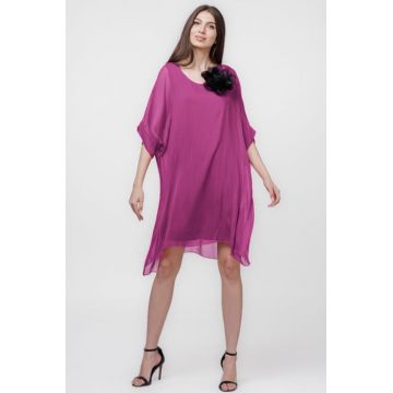 Rochie midi, dreapta, din matase si vascoza, cu funda pe spate, mov zmeura