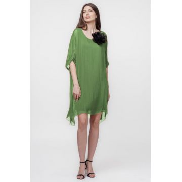Rochie midi, dreapta, din matase si vascoza, cu funda pe spate, verde oliv