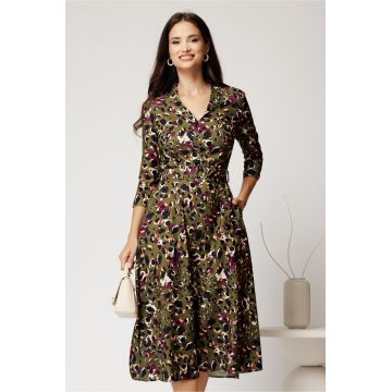 Rochie midi kaki din crep cu imprimeu magenta si cordon in talie