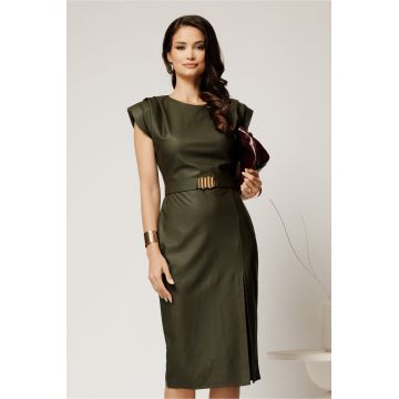 Rochie midi kaki din piele ecologica cu croi conic si curea in talie