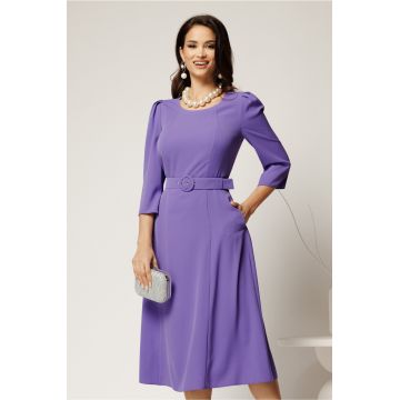 Rochie midi lila din triplu voal cu croi clos si curea in talie