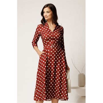 Rochie midi maro cu buline din stofa cu cordon in talie