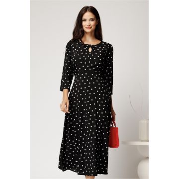 Rochie midi neagra cu buline din viscoza in clos cu funda si decupaj la decolteu