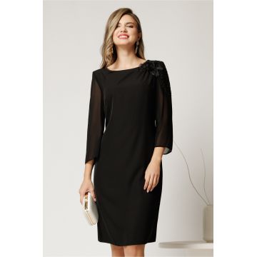 Rochie midi neagra de ocazie din triplu voal cu detalii la umar