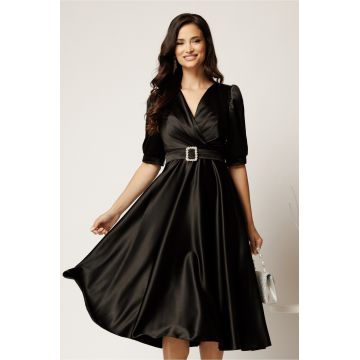 Rochie midi neagra din tafta cu decolteu in V si cordon cu catarama