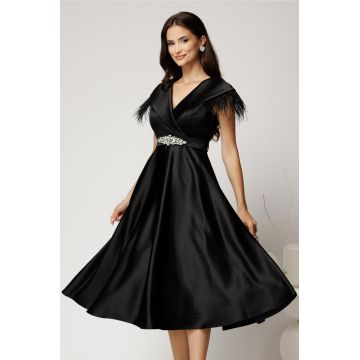 Rochie midi neagra din tafta cu pene la umeri si cordon in talie