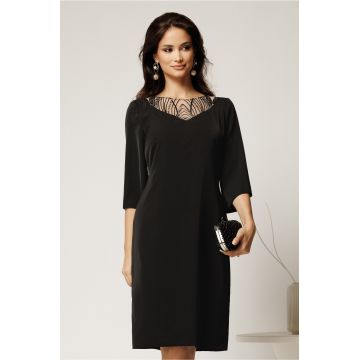 Rochie midi neagra din triplu voal cu croi drept si paiete la decolteu