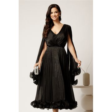 Rochie midi neagra din voal satinat in clos cu maneci ample si curea din strasuri in talie