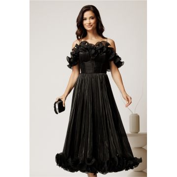 Rochie midi neagra in clos din voal satinat cu volanase la bust si la baza