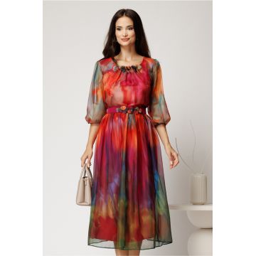 Rochie midi orange din voal cu imprimeuri magenta si cordon cu flori in talie