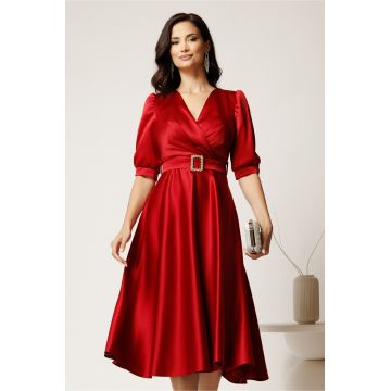 Rochie midi rosie din tafta cu decolteu in V si cordon cu catarama