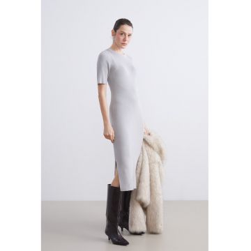 Rochie midi striata cu maneci scurte si slituri laterale