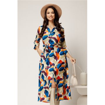 Rochie midi tip camasa cu imprimeuri portocalii si curea in talie