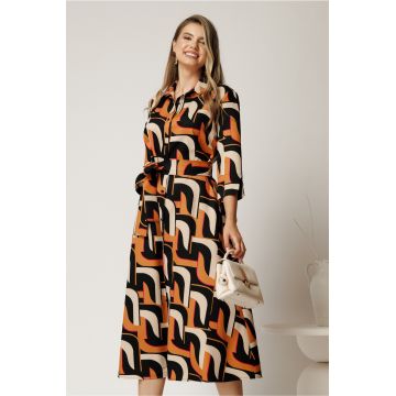 Rochie midi tip camasa maro cu imprimeuri negre si cordon in talie