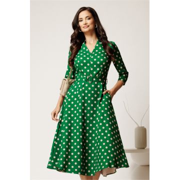 Rochie midi verde cu buline din stofa cu cordon in talie