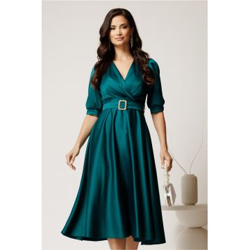 Rochie midi verde din tafta cu decolteu in V si cordon cu catarama