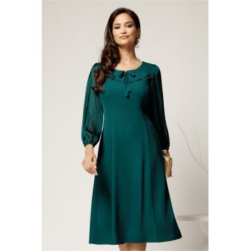 Rochie midi verde din triplu voal cu maneci si insertii din fir lurex si satin