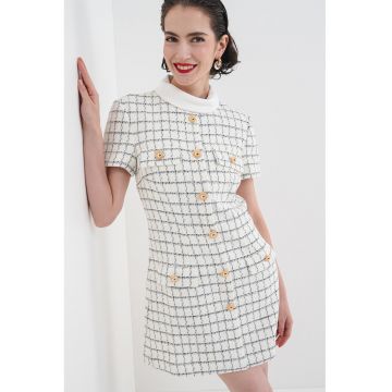 Rochie mini in carouri din amestec de lana cu nasturi decorativi