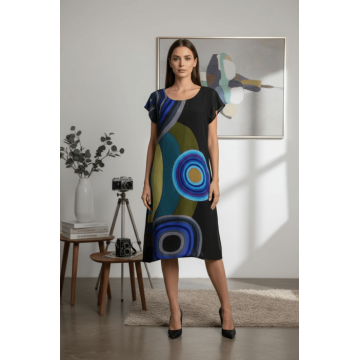 Rochie neagra din vascoza cu imprimeu abstract