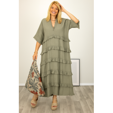 Rochie oversize din in si bumbac cu volane aplicate, kaki