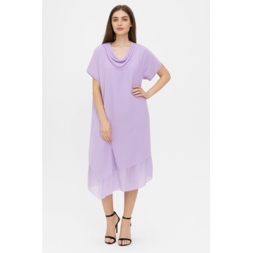 Rochie oversize usor asimetrica A-line, din in cu guler si volan din matase, lila