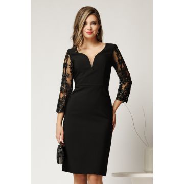 Rochie Poppy midi neagra de ocazie cu maneci din dantela cu paiete