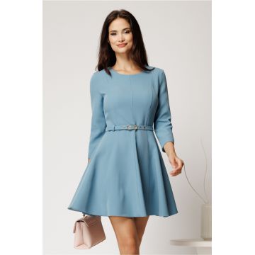 Rochie scurta bleu din neopren cu croi in clini si curea in talie