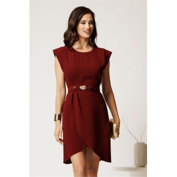 Rochie scurta bordo din crep cu umeri bufanti si curea in talie