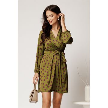 Rochie scurta kaki din satin cu buline mov si cordon in talie