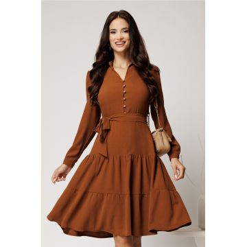 Rochie scurta maro din viscoza cu nasturi pe bust si cordon in talie