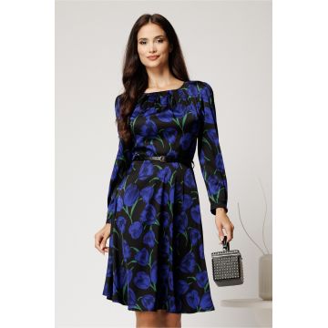 Rochie scurta neagra din voal satinat cu imprimeuri florale albastre