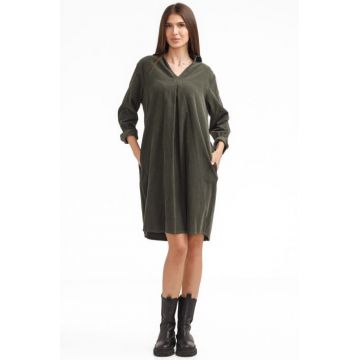 Rochie scurta tip camasa din catifea reiata verde, kaki