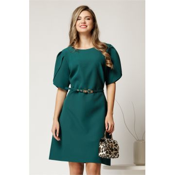 Rochie scurta verde din stofa cu maneci tip lalea si curea in talie
