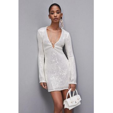 Rochie cu croiala slim - cu decolteu in V - din tul elastic cu paiete