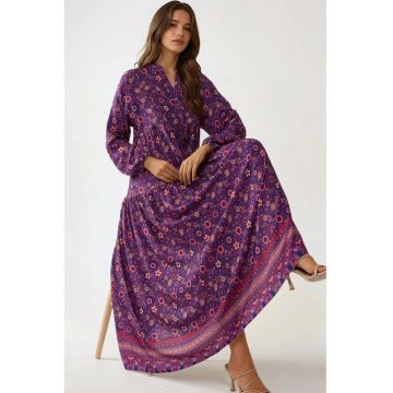 Rochie  imprimeu - decolteu in V - violet - textil