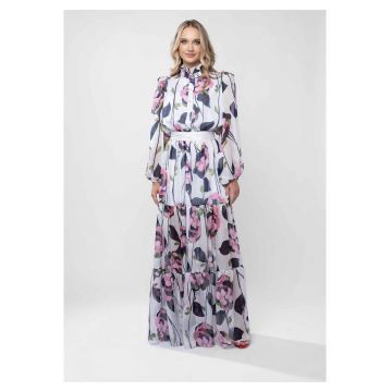 Rochie lunga cu guler inalt si imprimeu floral pictural