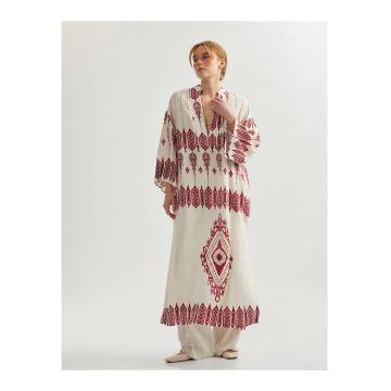 Rochie lunga cu imprimeu etnic si maneci lungi