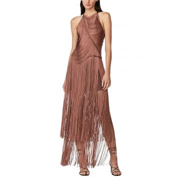Rochie lunga de ocazie - cu franjuri - cu o croiala drapata - realizata pe o baza de bandaj care sculpteaza si modeleaza corpul