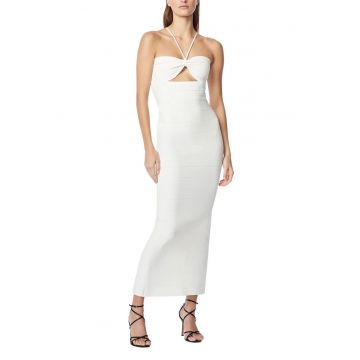 Rochie lunga din tesatura emblematica cu bustul decupat central si bretele subtiri