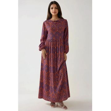 Rochie maxi -  A-line - imprimeu delicat - portocalie - textil