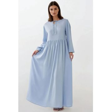 Rochie maxi -  croiala in A - guler rotund - albastru - textil