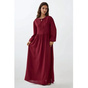 Rochie maxi -  croiala in A - guler rotund - rosu - textil